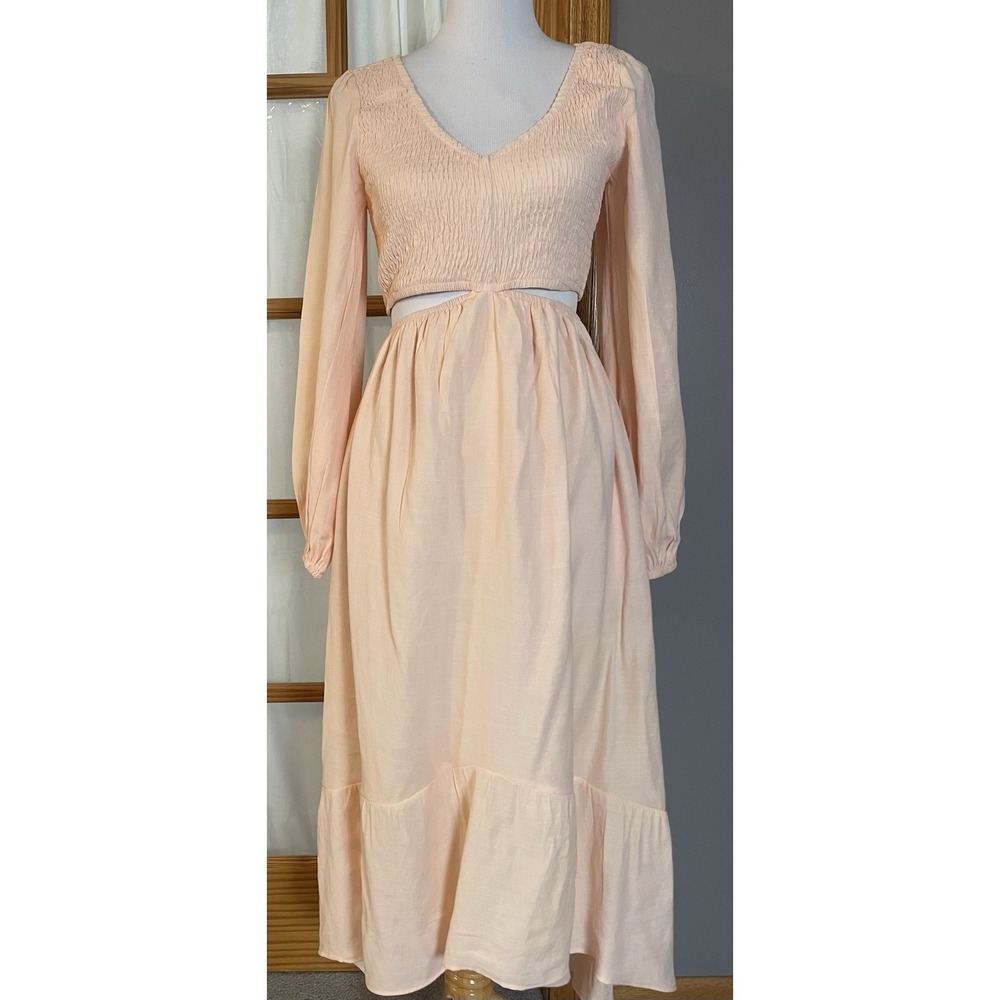 Women's Tiered Cut Out Midi Dress Sz M Peach Smocked Long Sleeve Boho Peasant